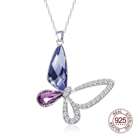 Purple Sterling Silver Crystal Butterfly Necklace